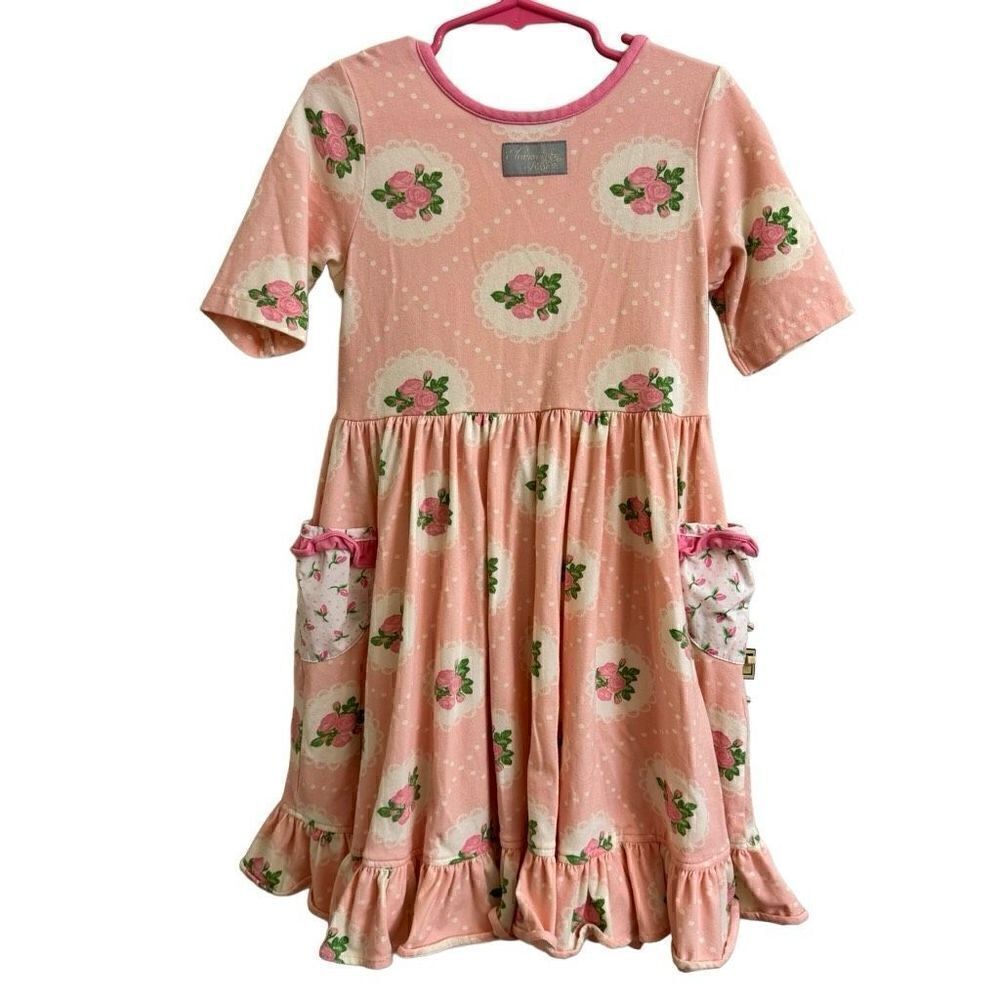 Eleanor Rose Louise Dress Pink Lace & Rose Print Jersey Size 5-6